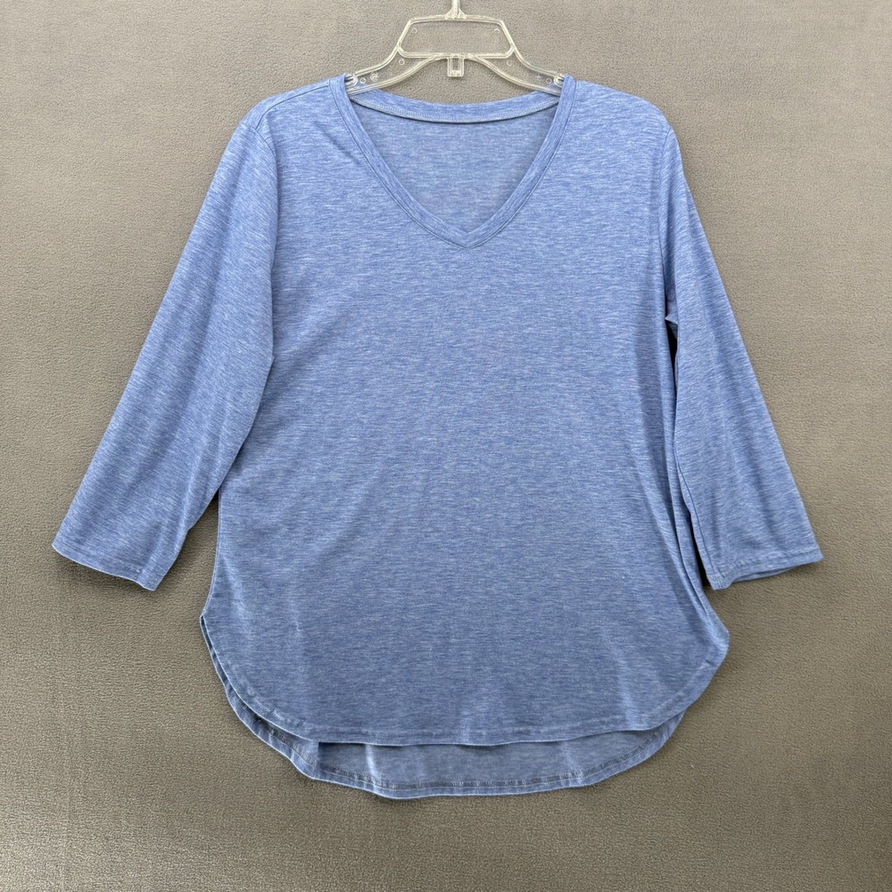 LG Tunic Top Womens Blue Heathered V-Neck 3/4 Sleeve Curved Hem Large C01835